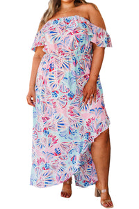 Plus Size Fashion Pink Sea Shell Print Ruffled Sleeve Long Maxi Dress