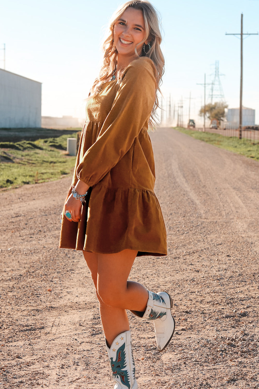 Boho Long Sleeve Dress with pockets  Chestnut Square Neck Puff Sleeve Tiered Corduroy Mini