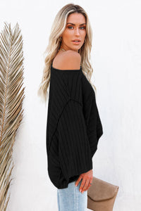 Black Exposed Seam Ribbed Knit Dolman Off The Shoulder Long Sleeve Top