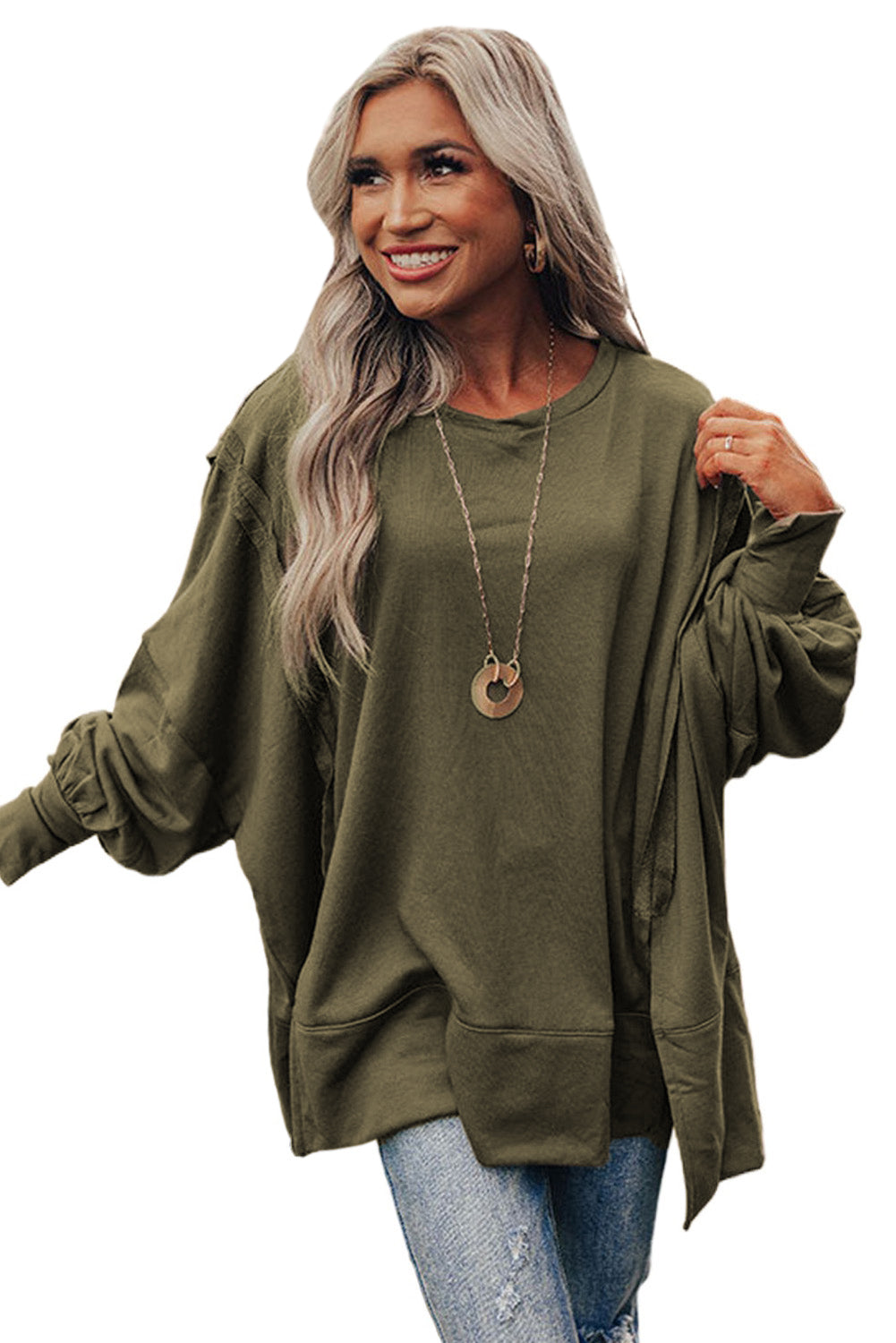 Olive Green Patchwork Drop Shoulder Oversized Top Sweater