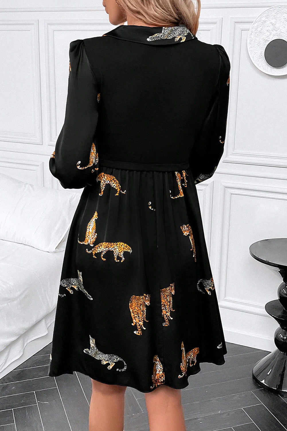 Black Vivid Leopard Print Long Sleeve Swing Dress