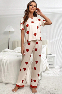 White Valentines Heart Print Lace Hem Tee Pants Pajama Set Fashion Pajamas