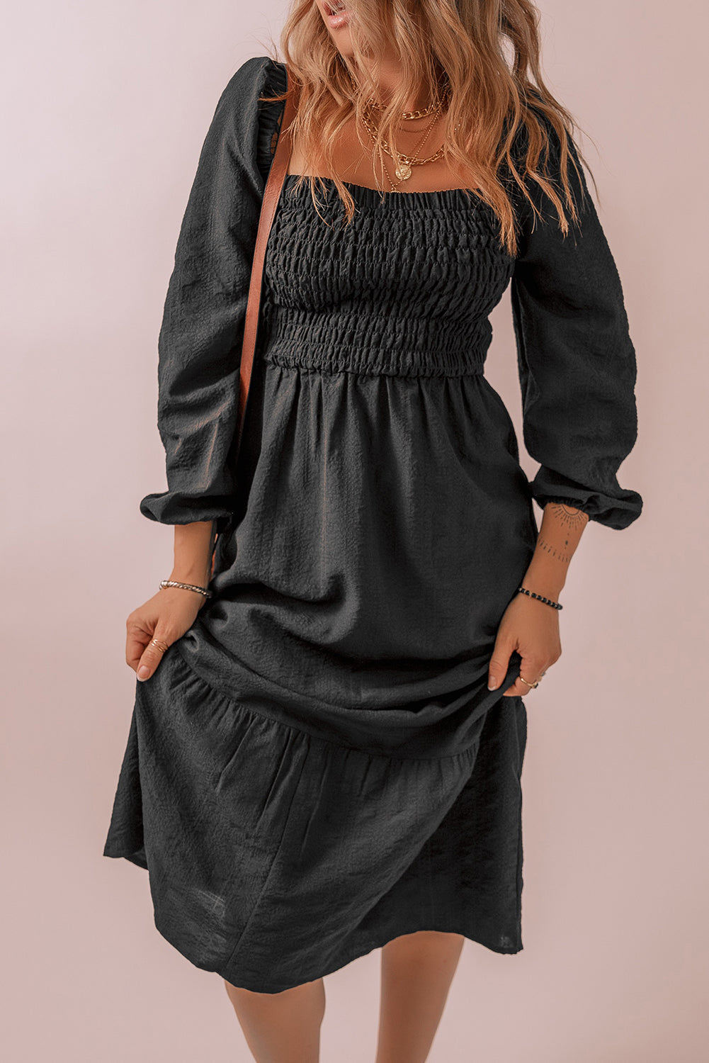 Black Smocked Fit Flare Square Neck Midi Dress