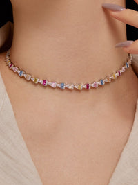 Pink Colorful Tennis Necklace Choker, Zircon .925 Sterling Silver Statement Choker Necklace