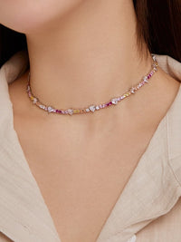 Pink Colorful Tennis Necklace Choker, Zircon .925 Sterling Silver Statement Choker Necklace