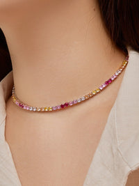 Pink Colorful Tennis Necklace Choker, Zircon .925 Sterling Silver Statement Choker Necklace