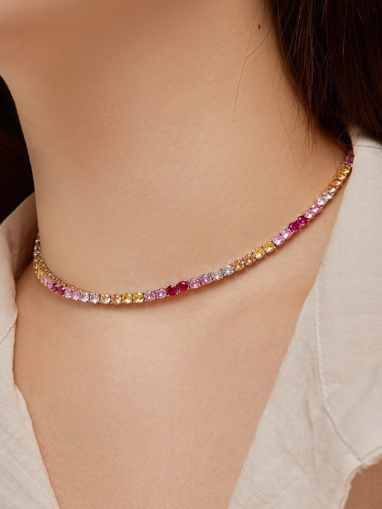 Pink Colorful Tennis Necklace Choker, Zircon .925 Sterling Silver Statement Choker Necklace