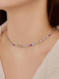 Pink Colorful Tennis Necklace Choker, Zircon .925 Sterling Silver Statement Choker Necklace