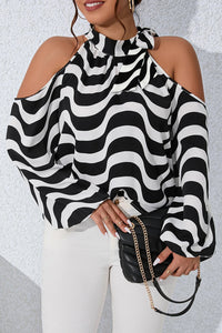 White Plus Size Women's SHirt Black and White Striped Cold Shoulder Halter Neck Blouse