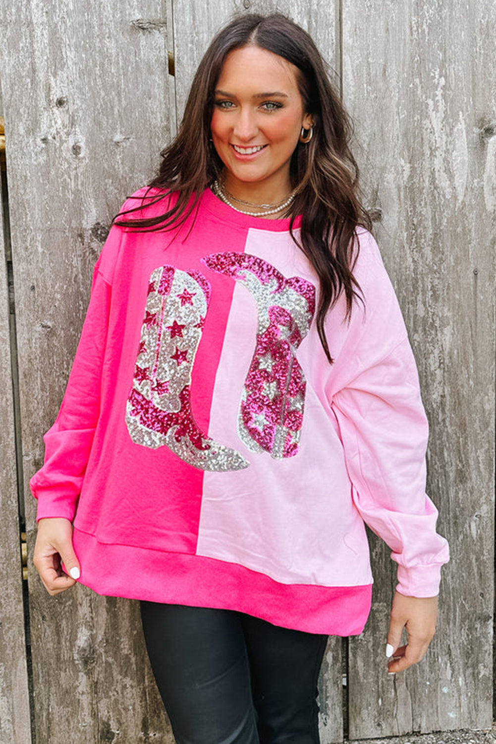 Pink Color Block Sequined Cowgirl Boots Graphic Sweatshirt Fashion Sweater