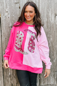 Pink Color Block Sequined Cowgirl Boots Graphic Sweatshirt Fashion Sweater