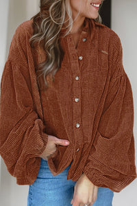 Long Sleeve Shirt Top Ribbed Coffee Textured Corduroy Puff Sleeve Shacket