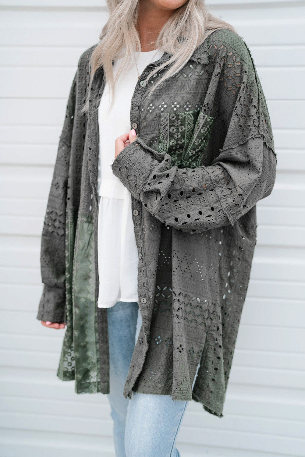 Women's Oversized Button Up Long Shirt Duffel Green Eyelet Pattern Patchwork  Shacket