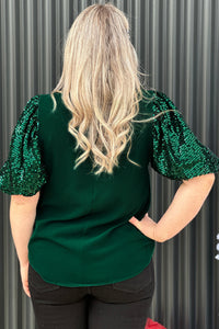 Women's Green  Sequin Short Puff Sleeve Top Plus Size