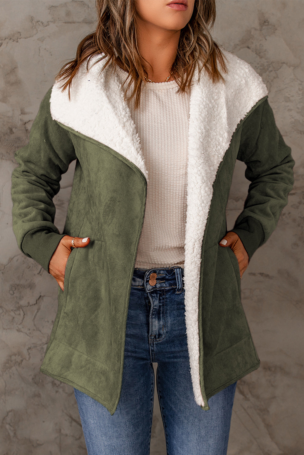 Women's Winter Coats Green Faux Suede Fleece Lined Open Front Jacket