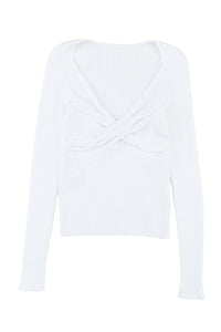 White Women's Shirt Long Sleeve Cable Crossed V Neck Sweater