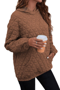 Coffee Solid Color Quilted Kangaroo Pocket Hoodie