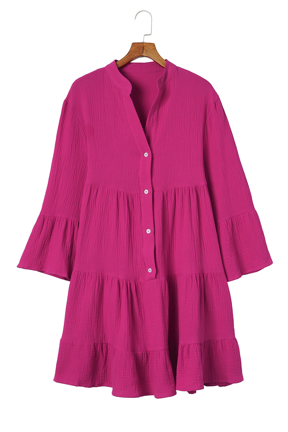 Pink Long Sleeve Casual Mini Dress  Crinkled Tiered Split Neck Shirt Dresses