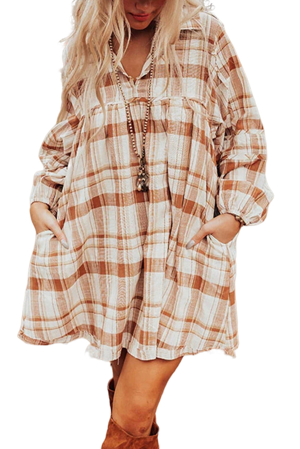 Brown Plaid Print Babydoll Mini Dress