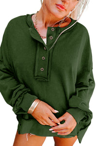 Blackish Green Drop Shoulder Henley Buttons Sweatshirt