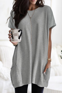 Gray Side Pockets Short Sleeve Tunic Top