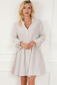 Apricot Frill Trim Half Buttoned Textured Casual Long Sleeve Dress