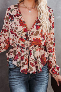 Multicolour Floral Frilled V Neck Drawstring Peplum Blouse