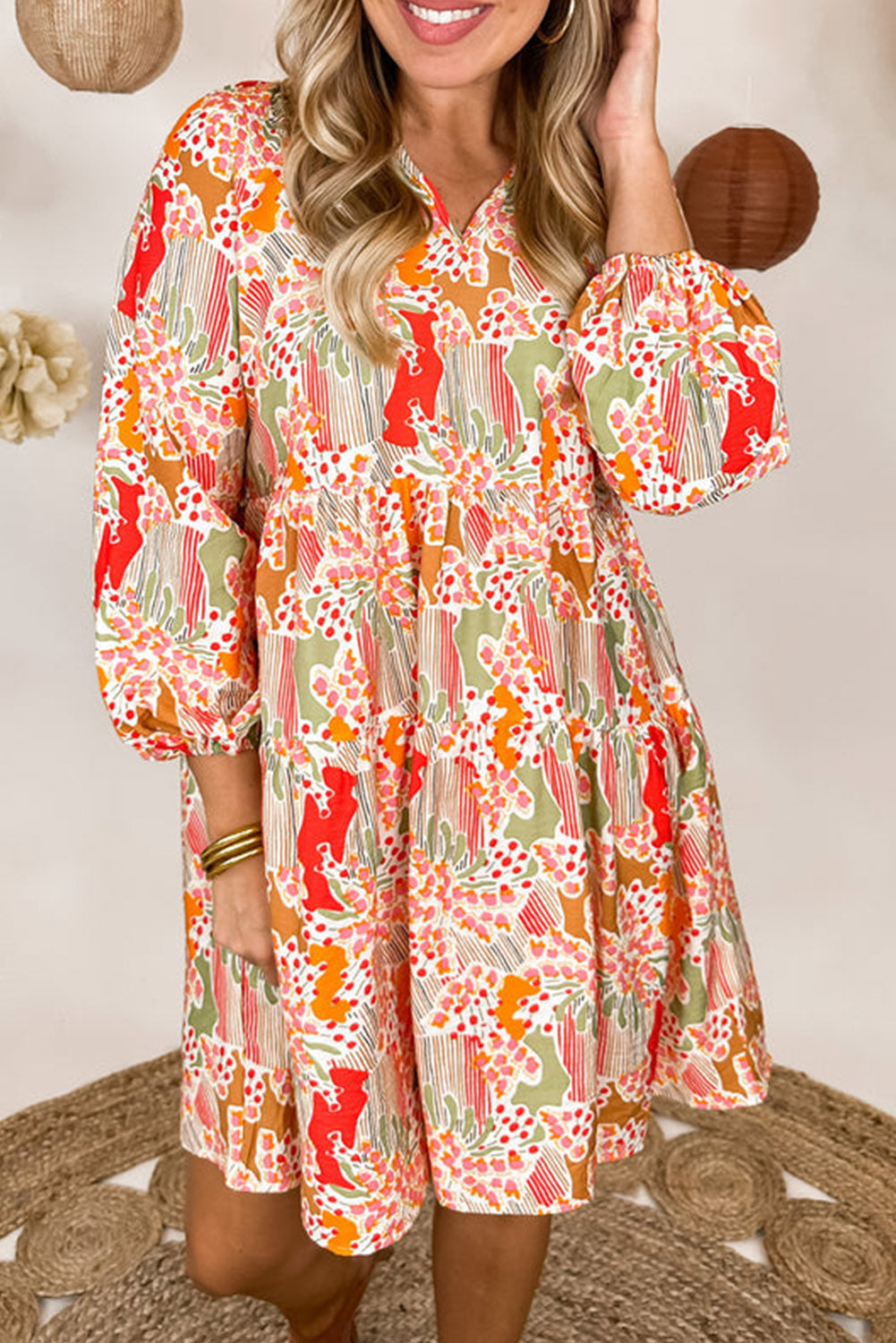 New Women’s Fashion Casual Multicolour Split Neck Puff Sleeve Flowy Printed Dress