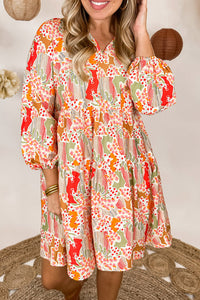 New Women’s Fashion Casual Multicolour Split Neck Puff Sleeve Flowy Printed Dress