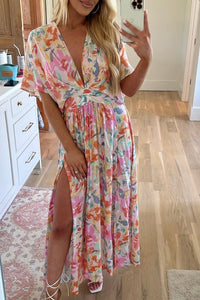 Women’s Long Beach Dress Boho Multicolor Tropical Floral Print Ruched V Neck Loose Sleeve Flowy Maxi Dress