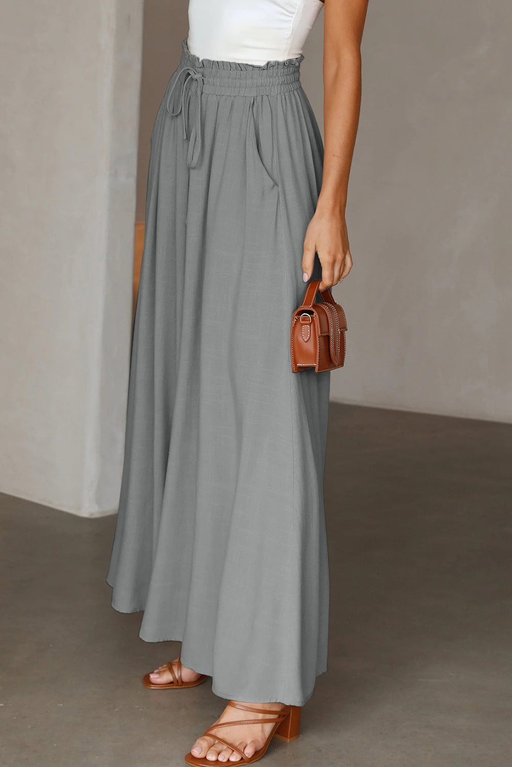 Gray Drawstring Smocked High Waist Wide Leg Pants