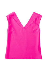 Pink V Neck Shirt Pleated Backless Cap Sleeve Tank Top Womens Basic Fashion Blouse