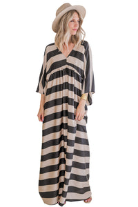 Black V Neck Kimono Sleeve Black and White Striped Maxi Long Dress