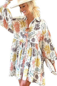 White Floral Collared Neck Button Down Bubble Sleeve Floral Flowy Shirt Dress