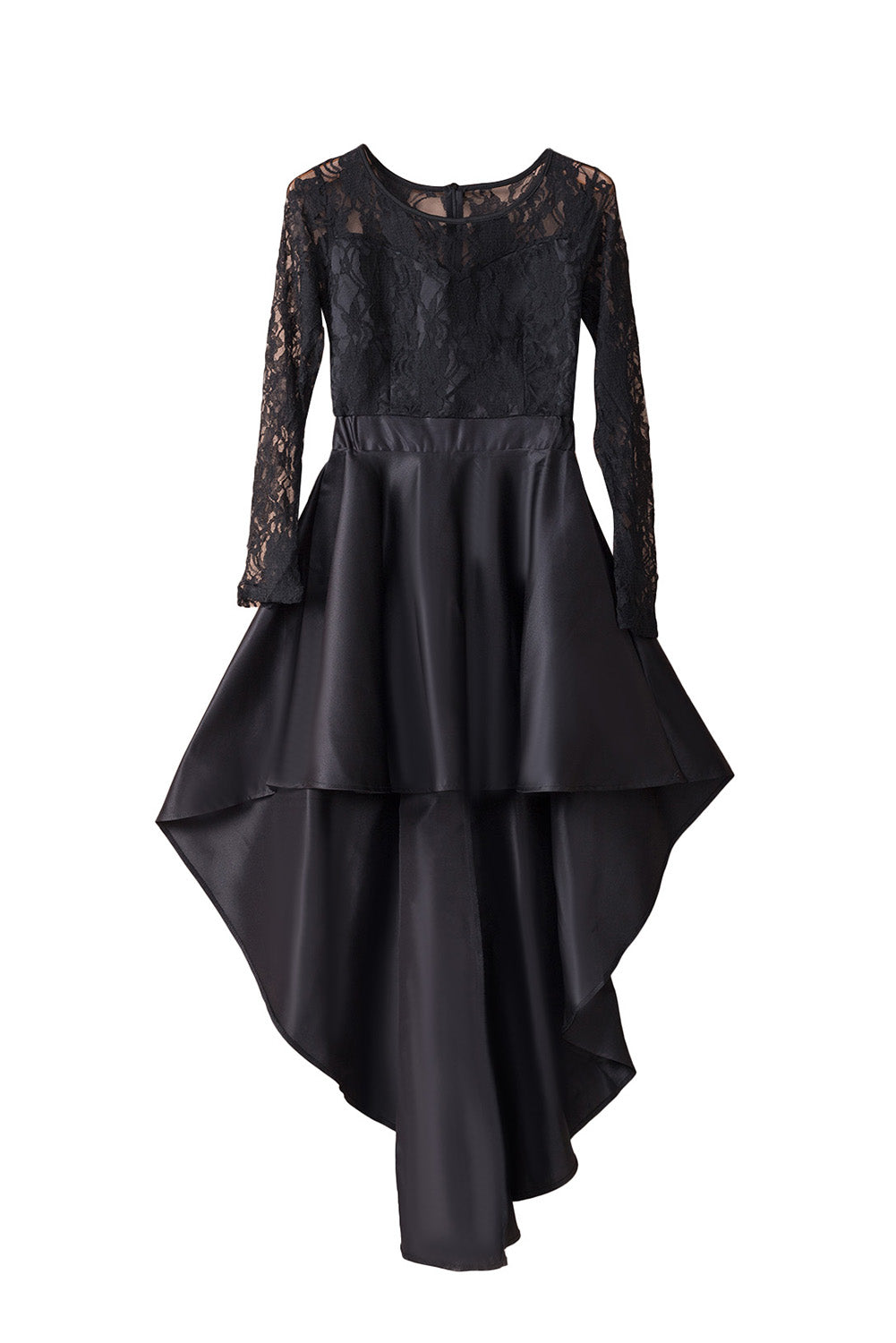 Black Long Sleeve Lace High Low Long Sleeve Satin Evening Dress