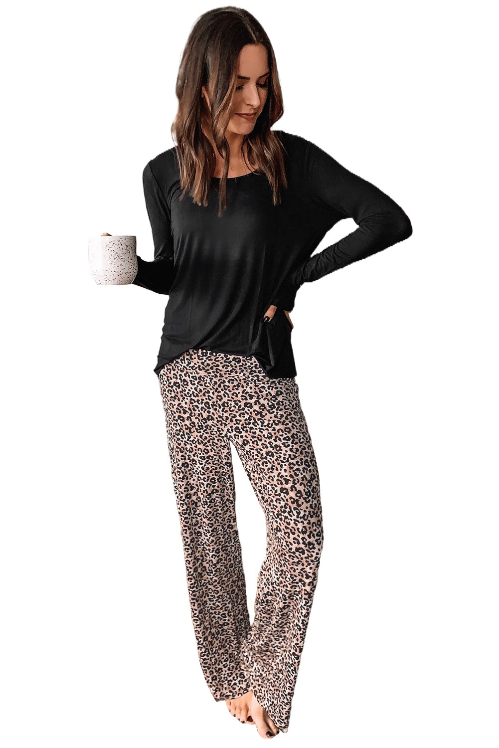 Long Sleeve Top and Leopard Print Pants Lounge Set