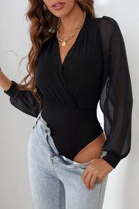 Black Solid Color V Neck Wrap Mesh Sleeves Long Sleeve Shirt, Bodysuit