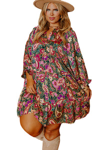 Women's Casual Dress Plus Size Green Paisley Floral Print Ruffled Hem Boho Style