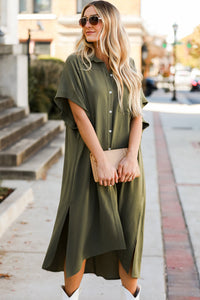 Olive Green Shirt Dress Jungle Green Loose High Low Side Slits Short Sleeve T Shirt Maxi