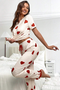 White Valentines Heart Print Lace Hem Tee Pants Pajama Set Fashion Pajamas