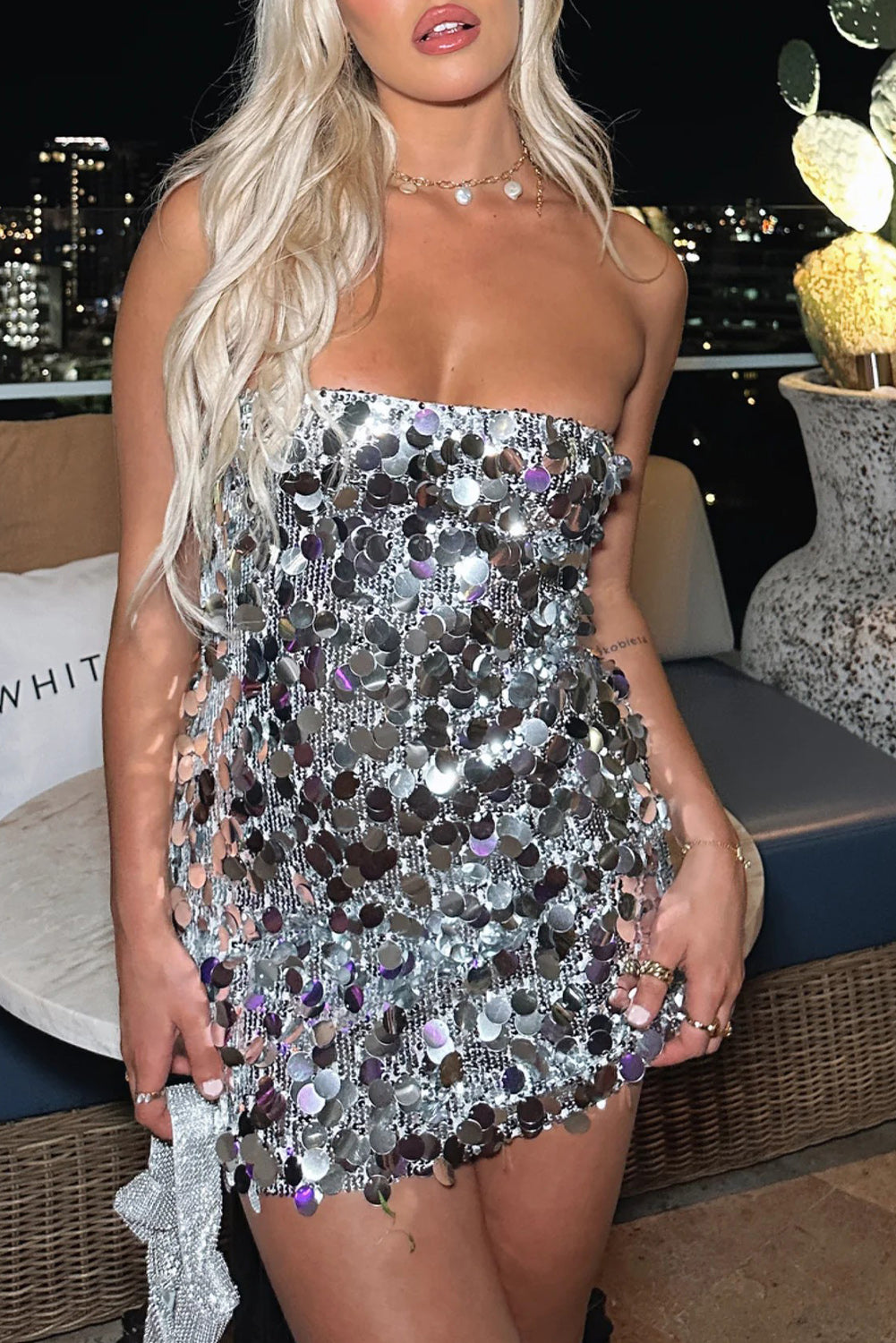 Silver Strapless Bodycon Mini Sequin Dress