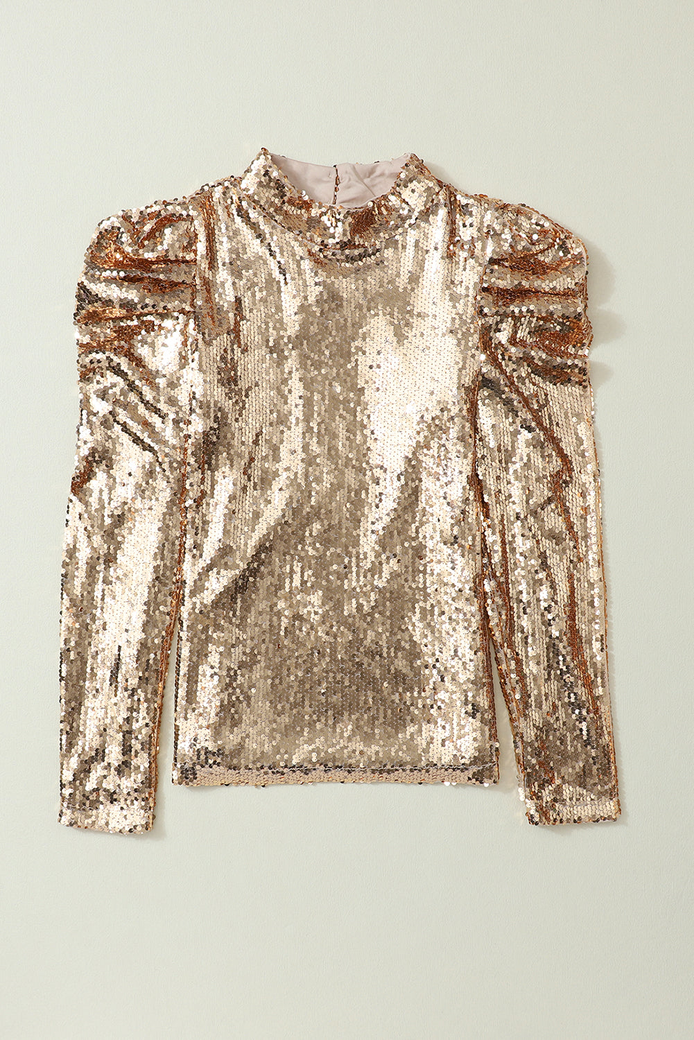 Gold Long Sleeve Shirt Apricot Sequin Mock Neck Bubble Sleeve Top