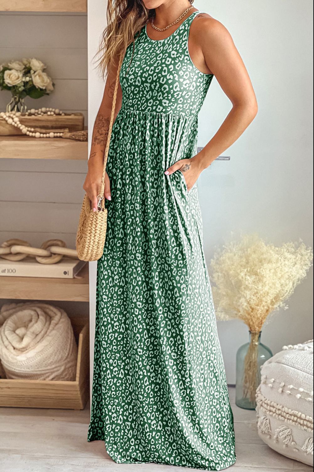 Leopard Round Neck Sleeveless Casual Maxi Dress