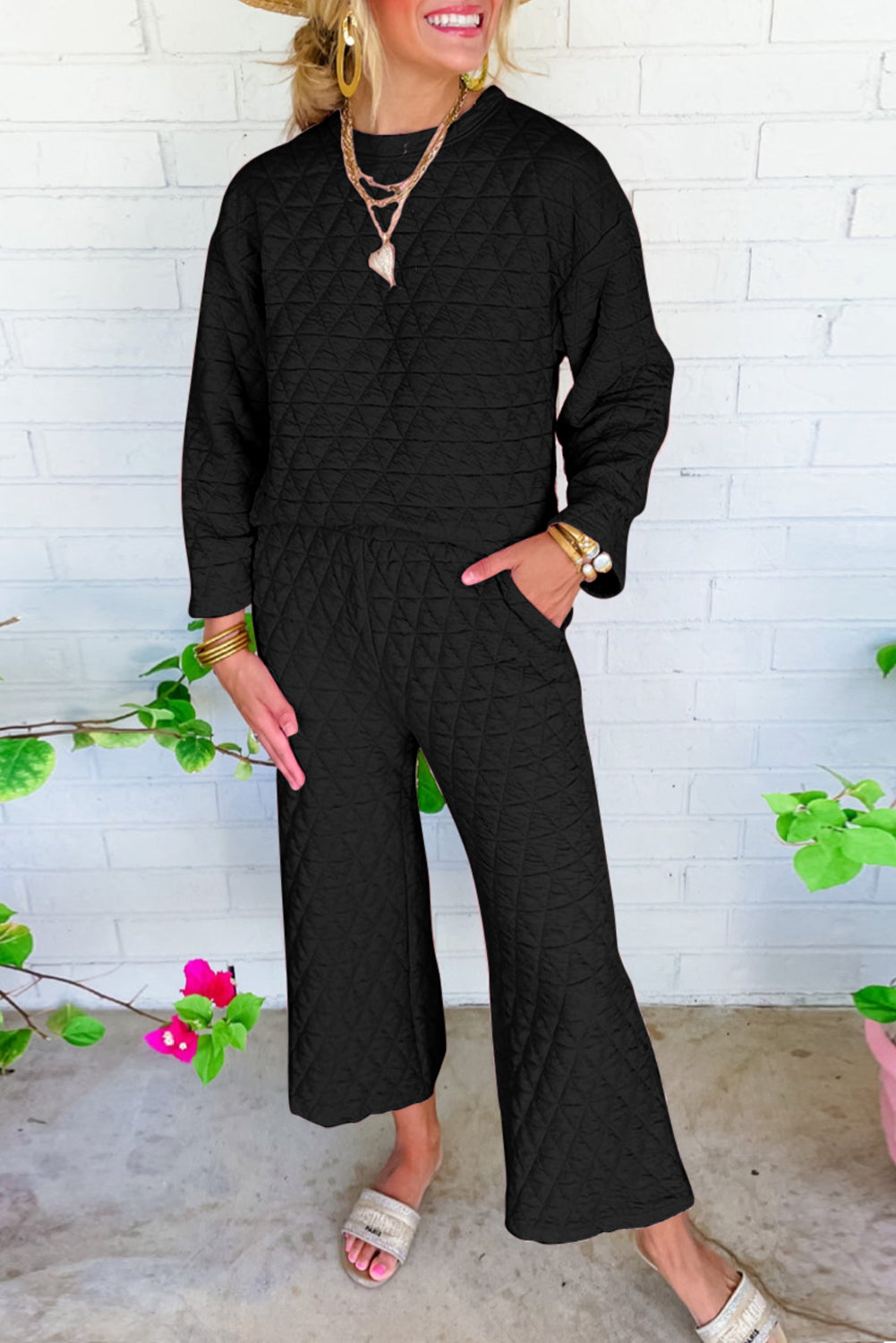 Black Solid Quilted Pullover and Pants Outfit 2 piece fashion set Casual womens clothing