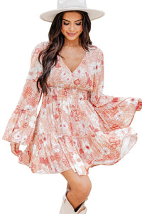 Women’s Casual Floral Print Smocked High Waist Bell Sleeve Mini Short Dress