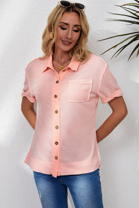 Pink Acid Wash Waffle Knit Short Sleeve Buttoned Shirt