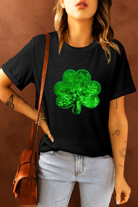 St Patricks Day Shirt Ladies Black Sequin Clover Embroidered Round Neck Graphic Tee Women's St Patty's T Shirt