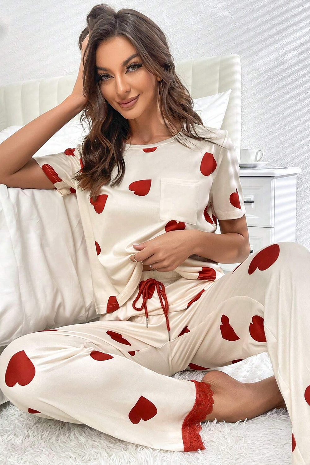 White Valentines Heart Print Lace Hem Tee Pants Pajama Set Fashion Pajamas