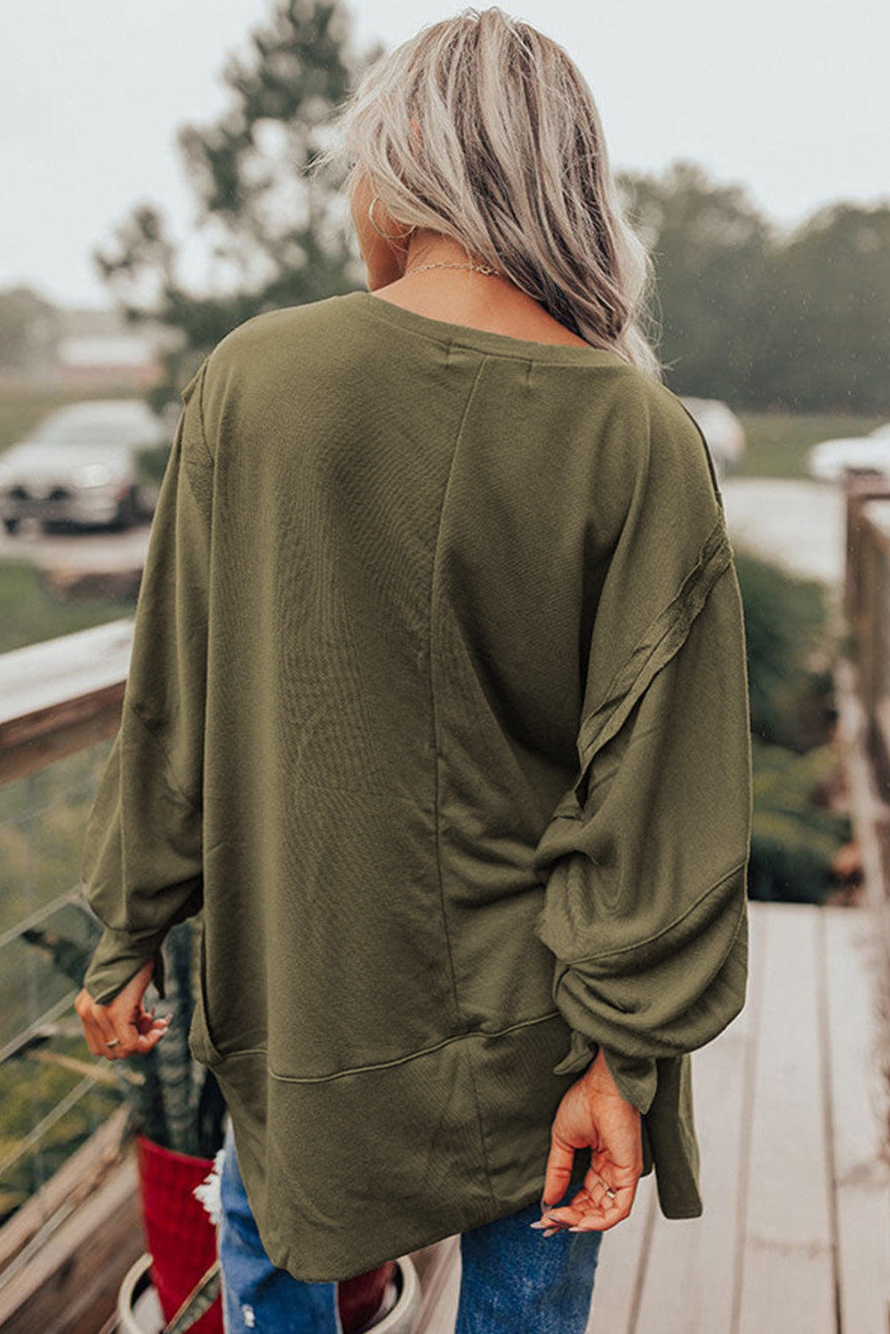 Olive Green Patchwork Drop Shoulder Oversized Top Sweater