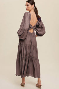 Brown V Neck Bowknot Cutout Frill Tiered Maxi Dress